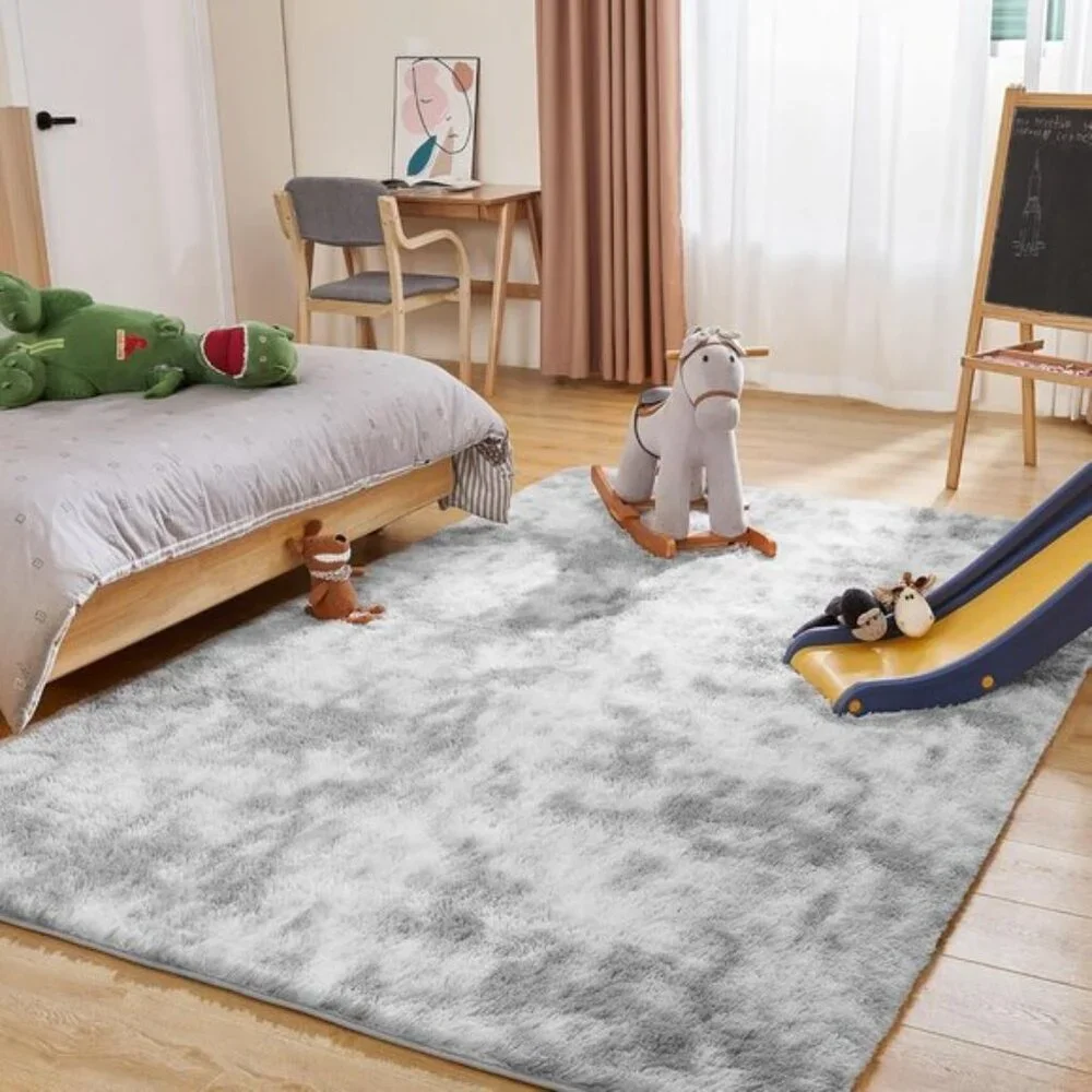 New 5x7 Ultra Soft Area Rug, Fluffy Tie-Dye Grey Non-Slip Carpet for Bedroom